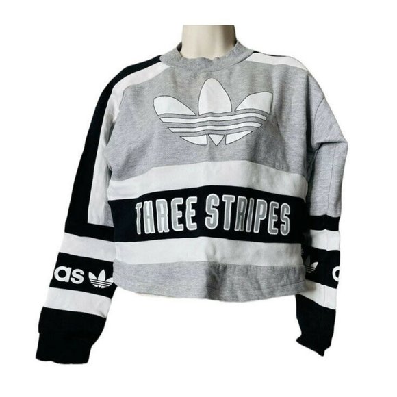 adidas Sweaters - Adidas Three Stripes Trefoil crop top Sweatshirt Size M Black White Gray